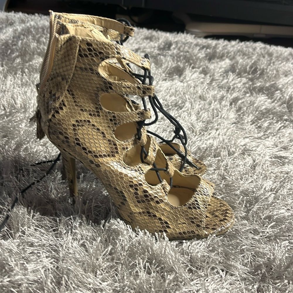Snake print lace up heels